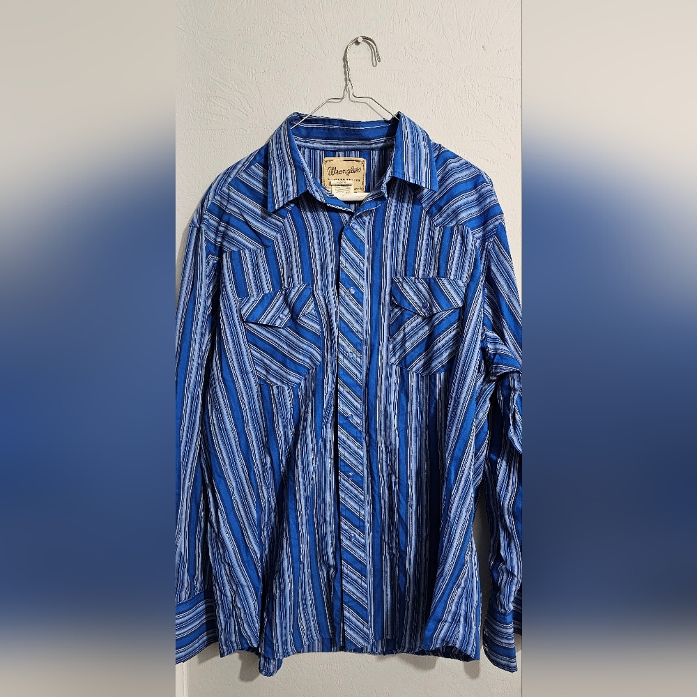 Retro Wrangler Western Striped Blue pearl snap Button Shirt Men's XL
